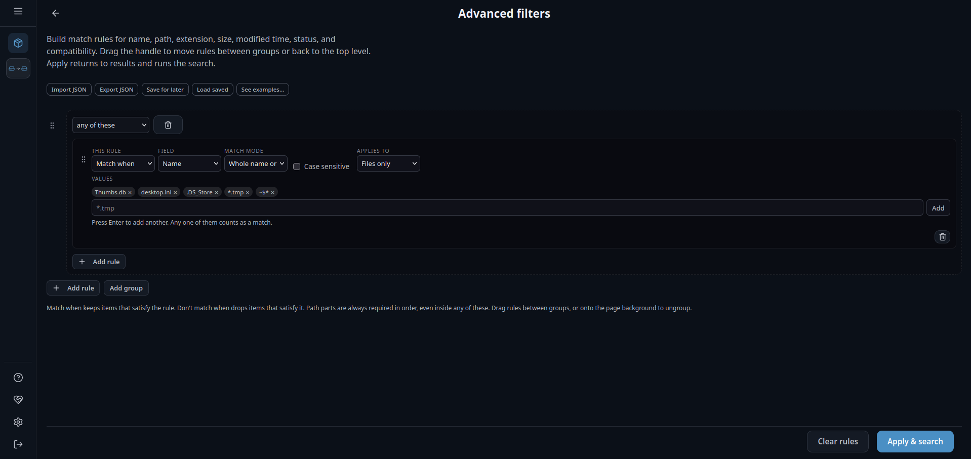 Advanced filter rules builder